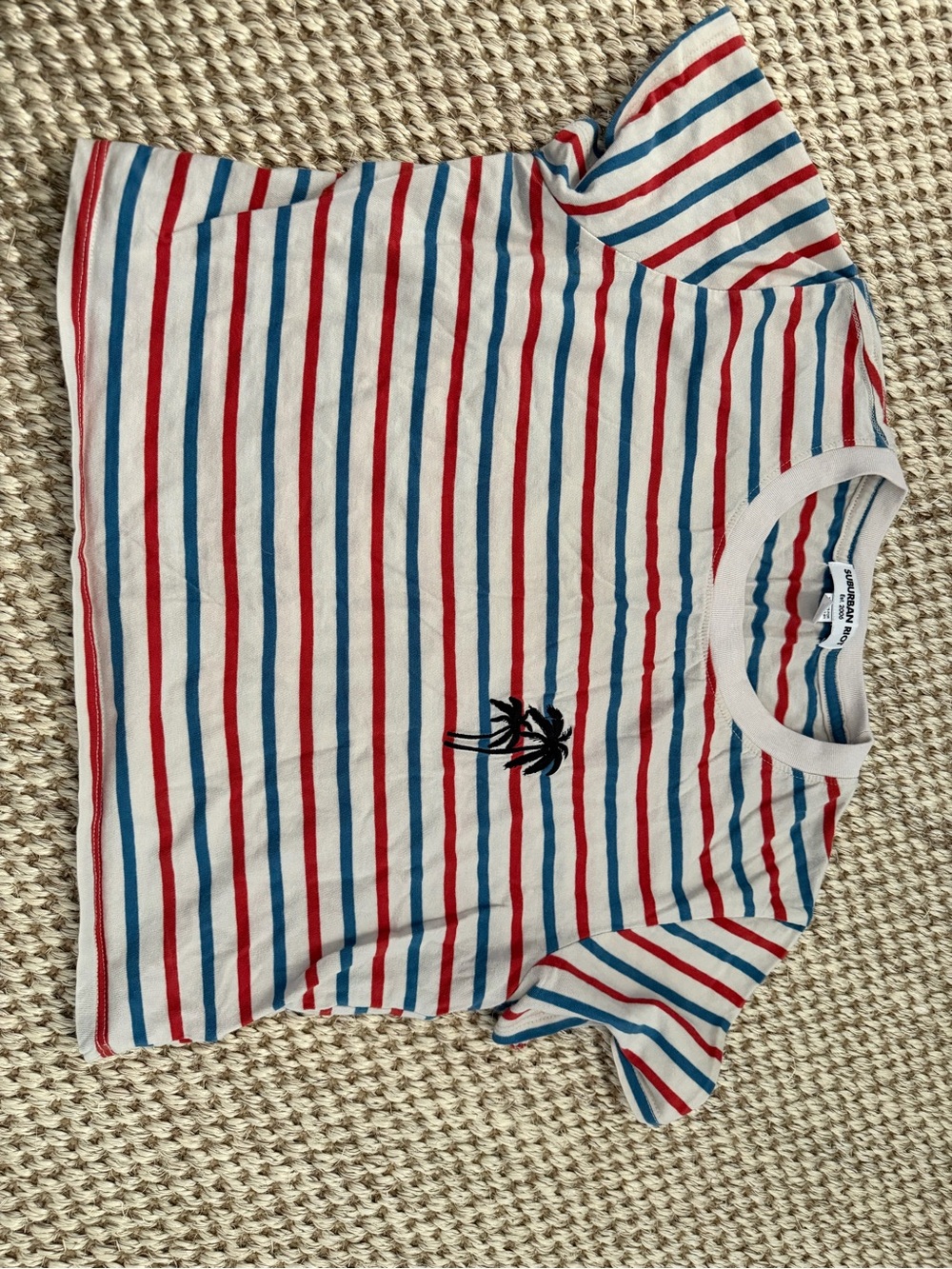 Red & Blue Striped Tee with Palm Tree Embroidery